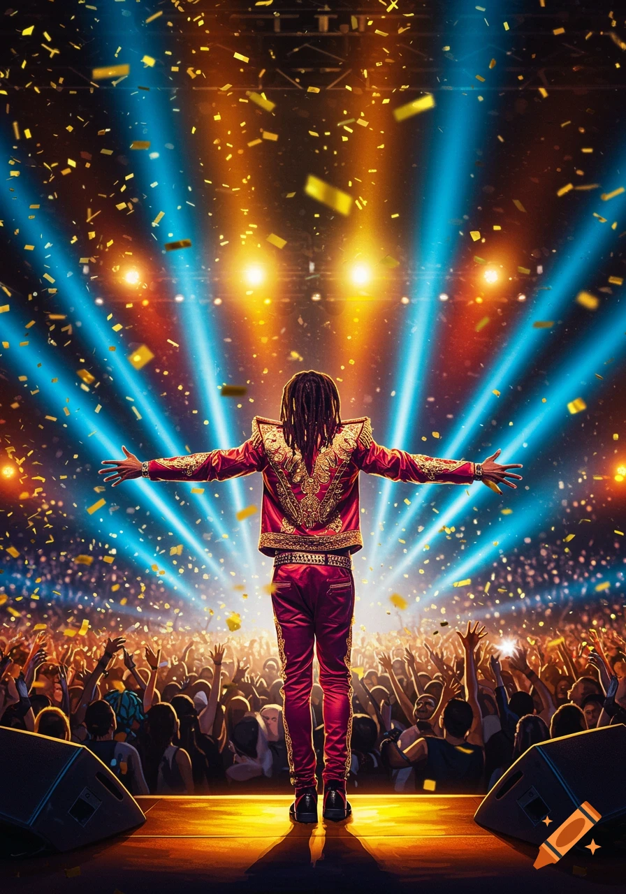 An artist with dreadlocks on stage, back to the viewer, arms outstretched to a cheering crowd under bright spotlights and golden confetti.