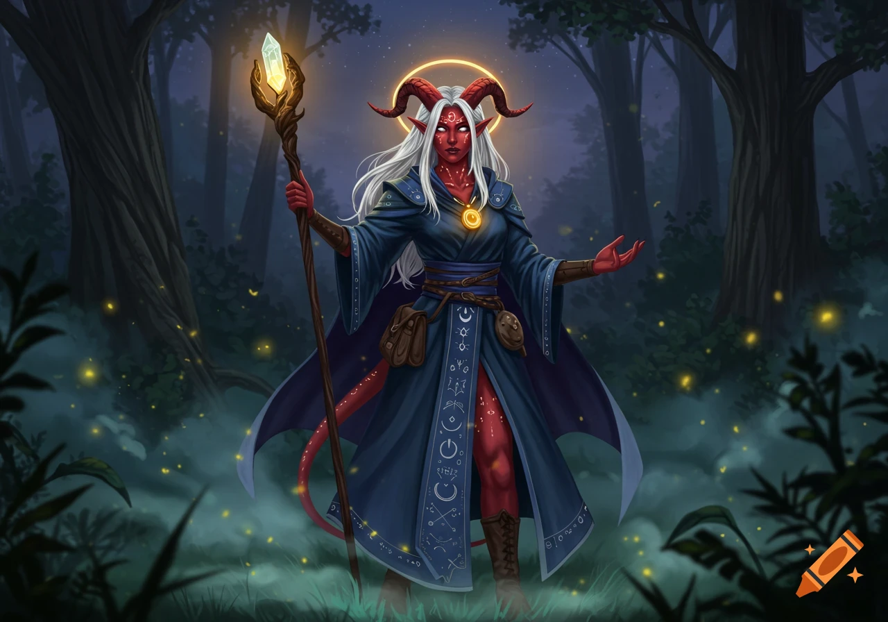 A red-skinned female Tiefling cleric with white hair and horns, holding a glowing staff, stands in a mystical dark forest.