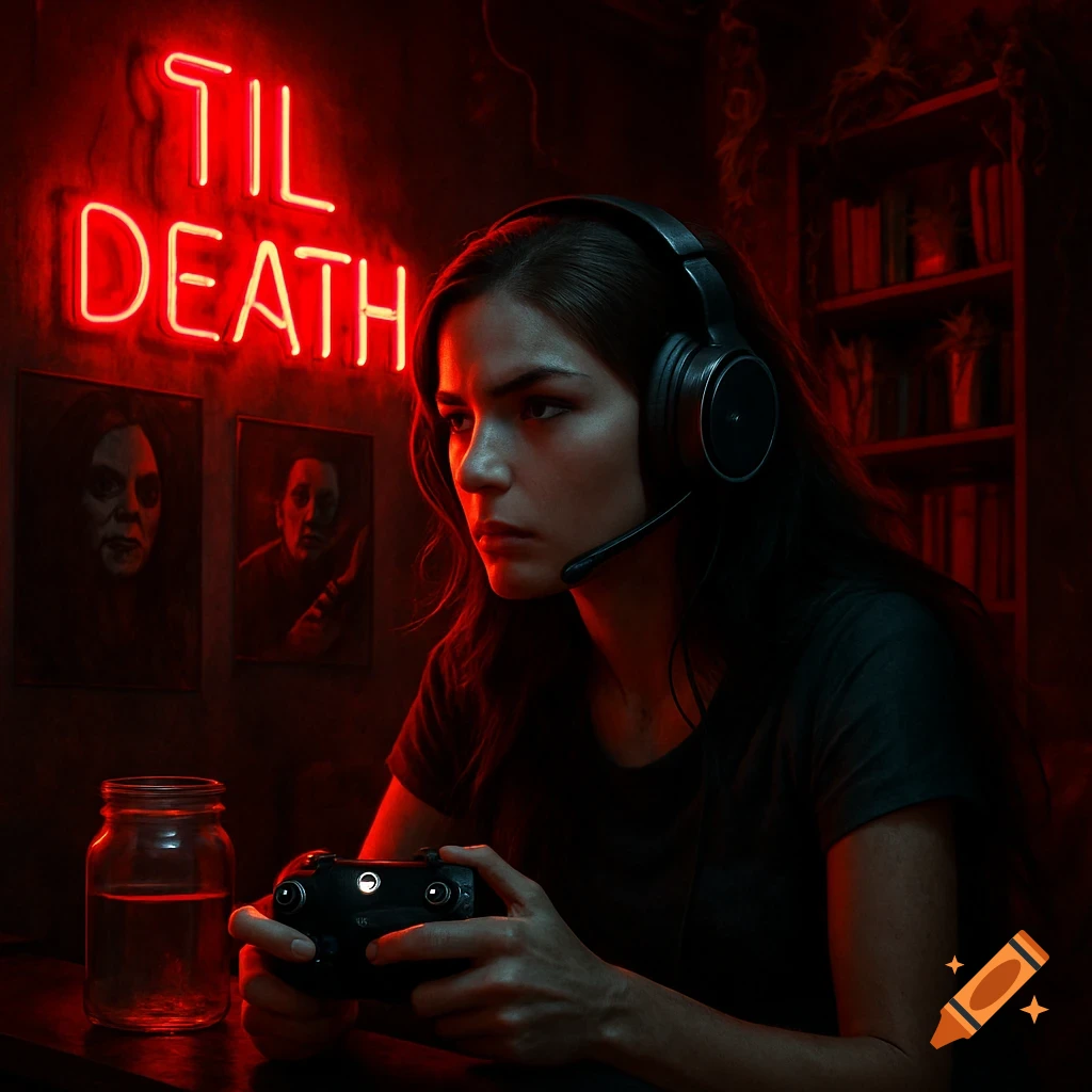 A girl with a headset plays video games in a dimly lit room with a red 'TIL DEATH' neon sign, horror art, and a bookshelf in the background.