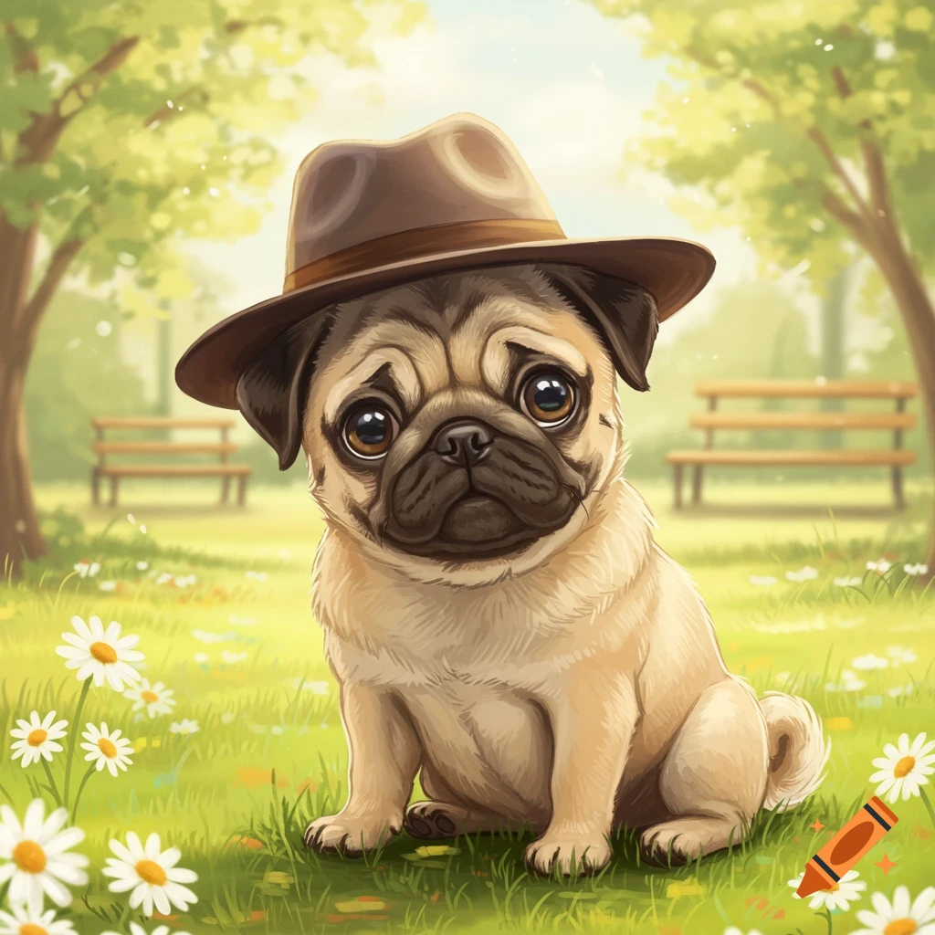 A cute pug dog wearing a brown hat sits in a grassy park with daisies and trees.