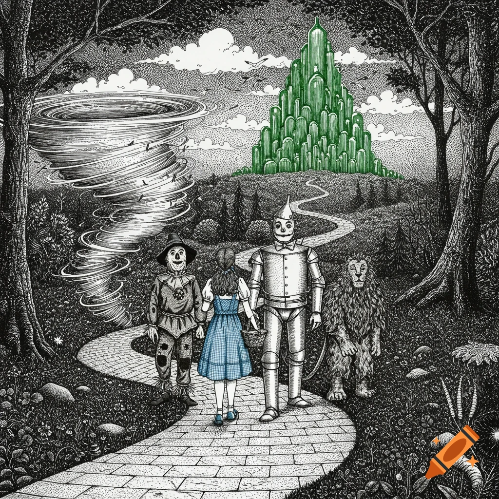 An ink drawing of Dorothy, Scarecrow, Tin Man, and Cowardly Lion on the yellow brick road, with a tornado and the Emerald City.