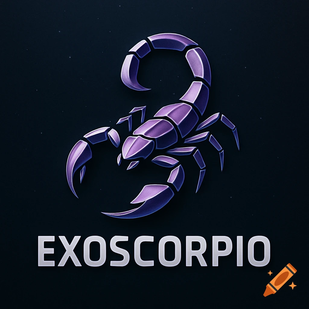 A purple, stylized scorpion logo with the text EXOSCORPIO below it, on a dark, starry background.