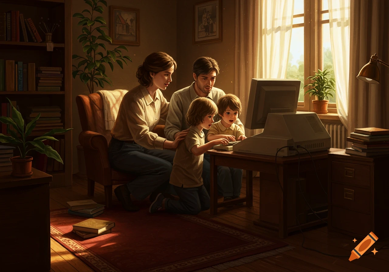 A family huddles around an old computer in a warmly lit room, with parents watching two young children at the keyboard.
