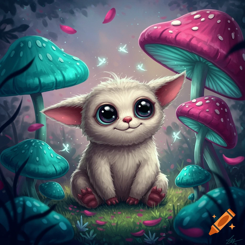 A cute, fluffy white creature with large eyes sits in a fantastical forest among glowing fairies and colorful mushrooms.