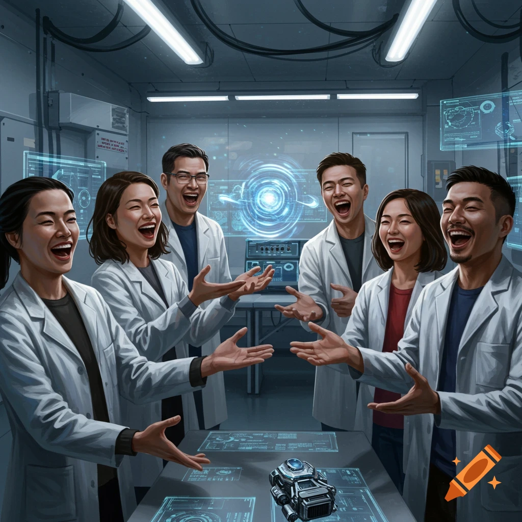 Six Asian scientists in lab coats laughing and gesturing in a futuristic laboratory with holographic displays.
