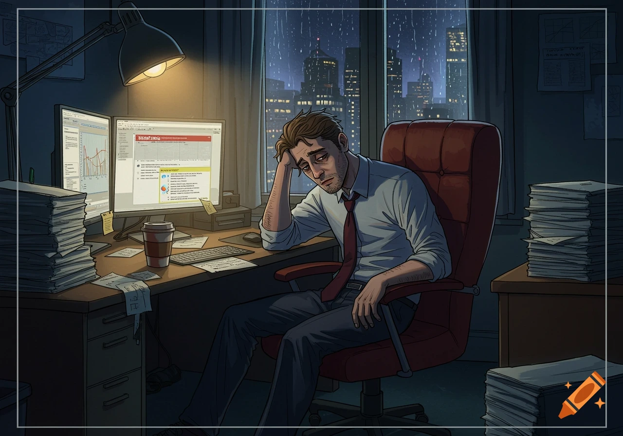 An exhausted man in a shirt and tie slumps at a desk with computers and papers in an office overlooking a city at night. Illustration.