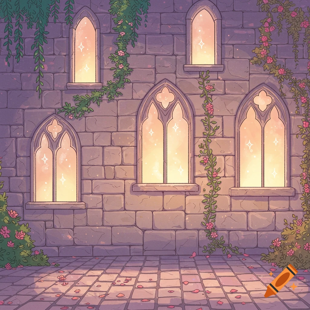 A cartoon castle wall with glowing gothic windows, green vines, and scattered pink rose petals on a stone patio.
