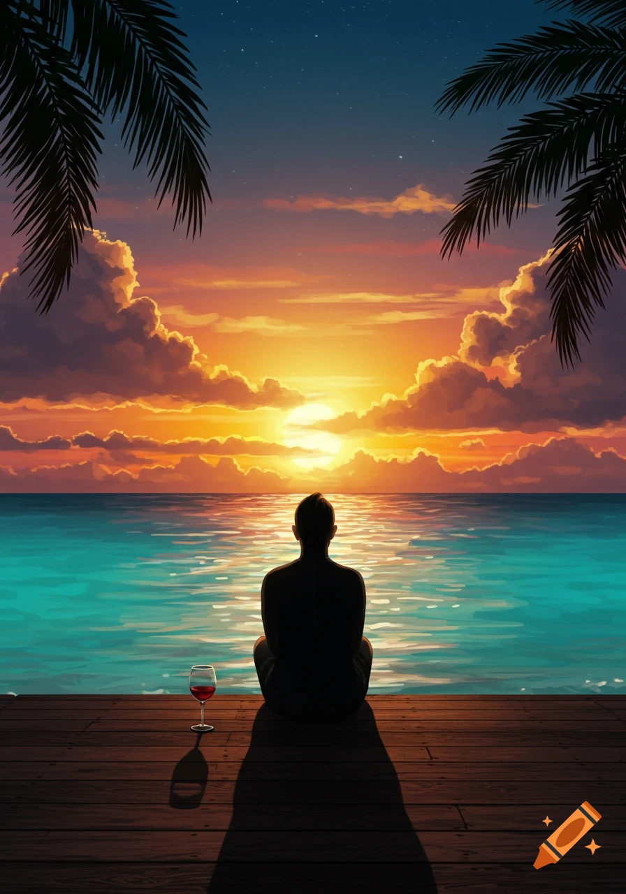 Silhouette of a person watching a vibrant sunset over the ocean from a wooden dock, with palm fronds and a wine glass. Illustrated.