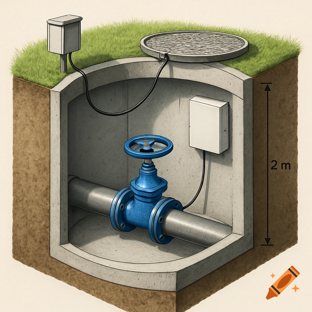 A cross-section engineering illustration of an underground valve well, showing a blue valve on a pipe inside concrete walls with a 2m depth.
