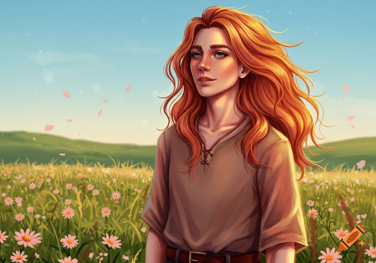 Illustrated portrait of a woman with long red hair, blue eyes, and freckles, standing in a field of pink and white flowers under a blue sky.
