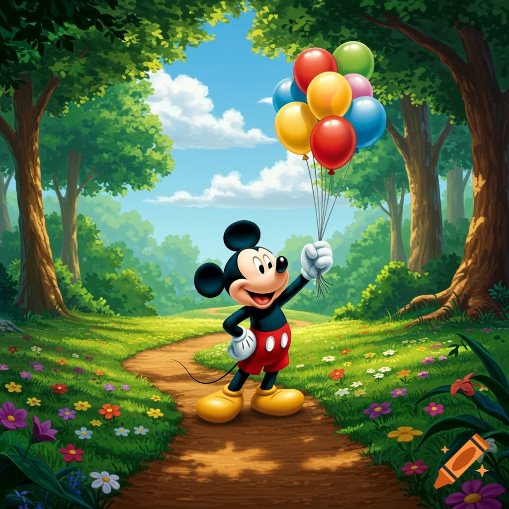 Mickey Mouse stands on a dirt path in a vibrant cartoon forest, holding a bunch of colorful balloons under a blue sky.