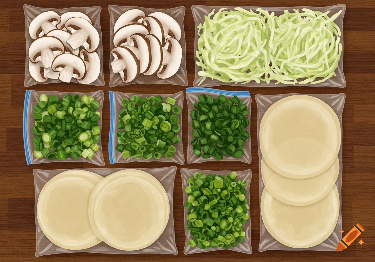 An overhead view of various dumpling ingredients packaged in clear plastic bags, including sliced mushrooms, shredded cabbage, chopped green onions, and round dumpling wrappers, all neatly arranged on a brown wooden surface.