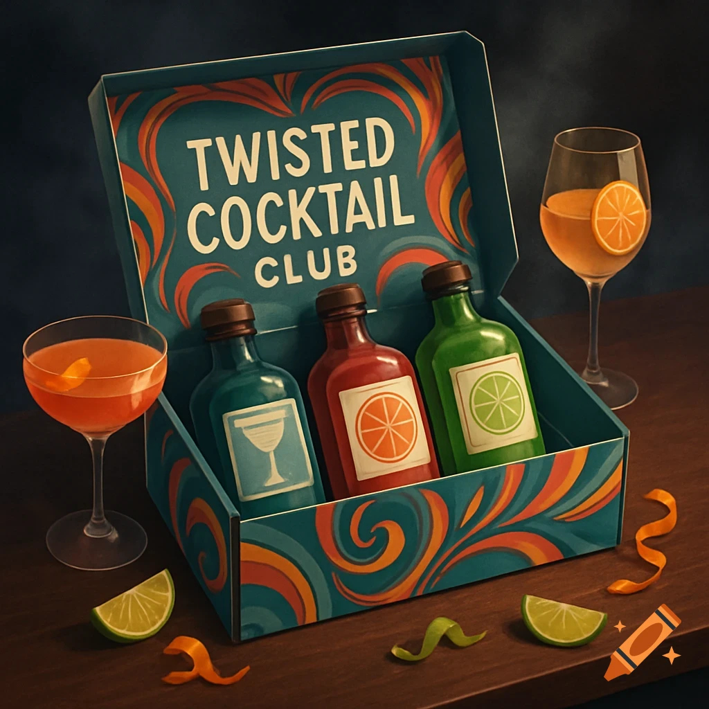 An open 'Twisted Cocktail Club' box with three bottles of mixers, cocktail glasses, and citrus peels on a table.