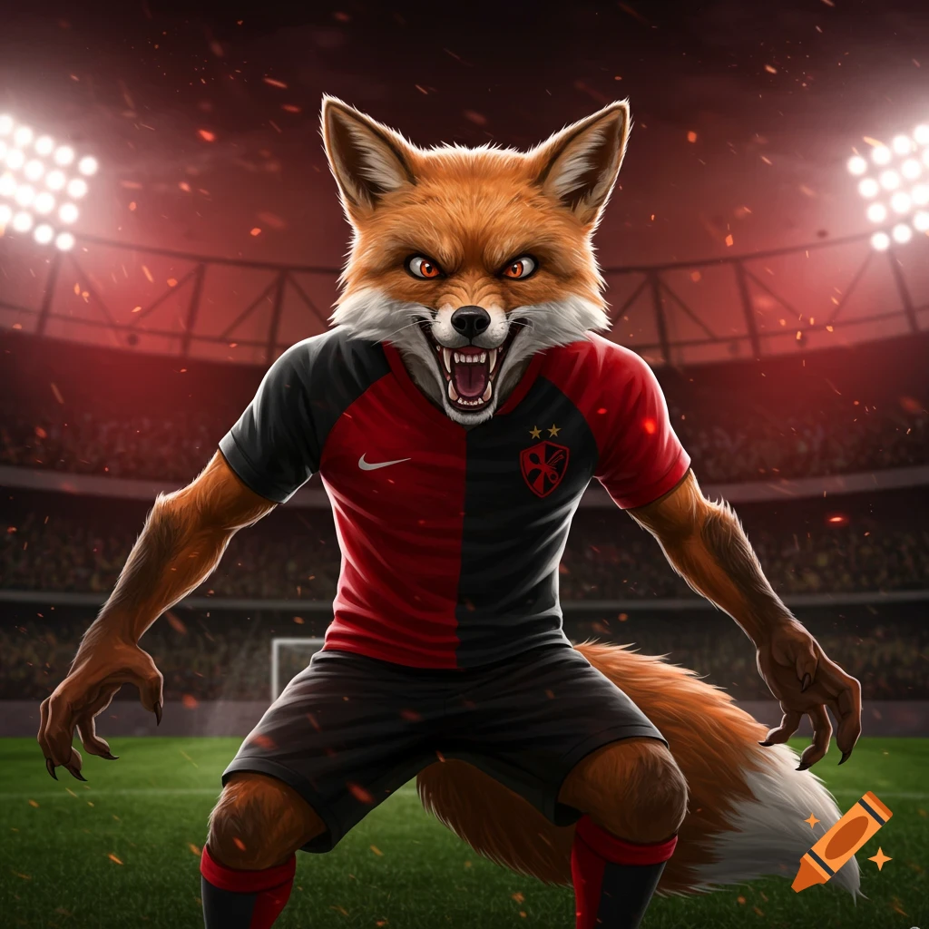 An angry, bipedal red fox wearing a red and black soccer jersey with a shield logo and a swoosh, standing on a green field in a stadium with bright lights.