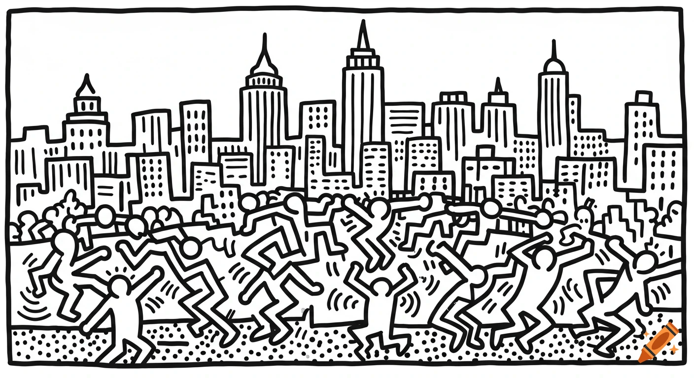 Black and white Keith Haring style illustration of abstract dancing figures in front of a cityscape.