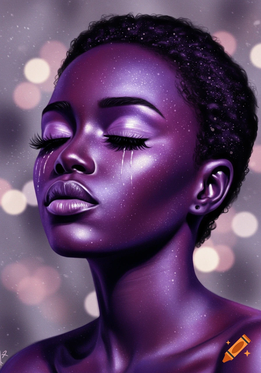 Digital art portrait of a Black woman with closed eyes and long lashes, purple skin, glitter, and tear trails.
