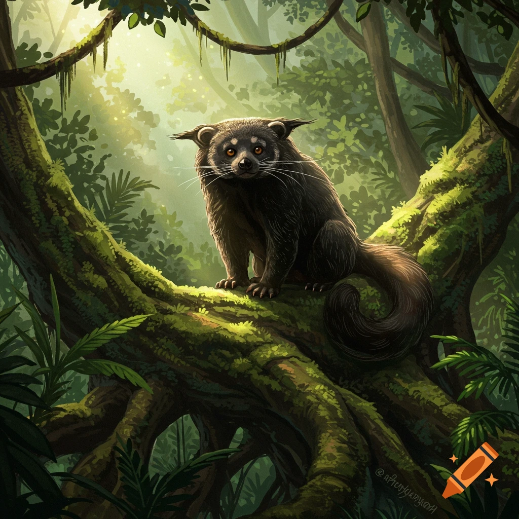 A binturong with orange eyes sits on a mossy tree branch in a sunlit jungle, surrounded by lush green foliage. Illustration style.
