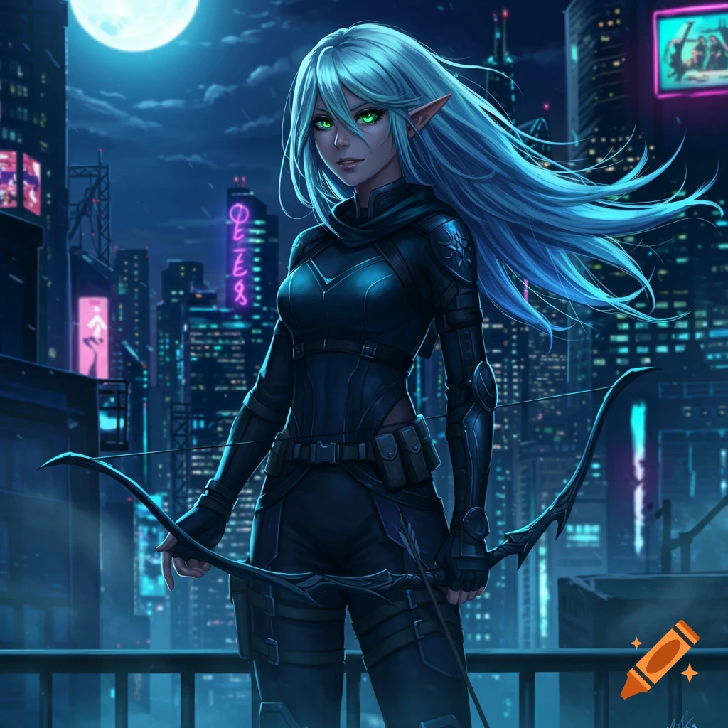 Anime elf girl with long blue hair, green eyes, and a bow and arrow stands on a rooftop overlooking a neon-lit cyberpunk city at night under a full moon.