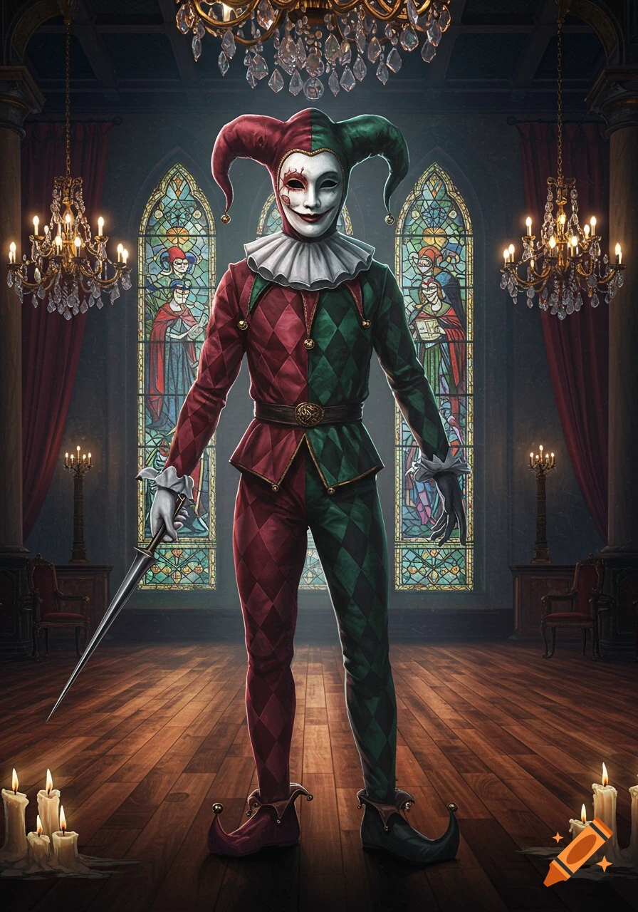 A masked jester in a red and green diamond-patterned suit stands in a dark, ornate room with stained-glass windows, holding a sword.