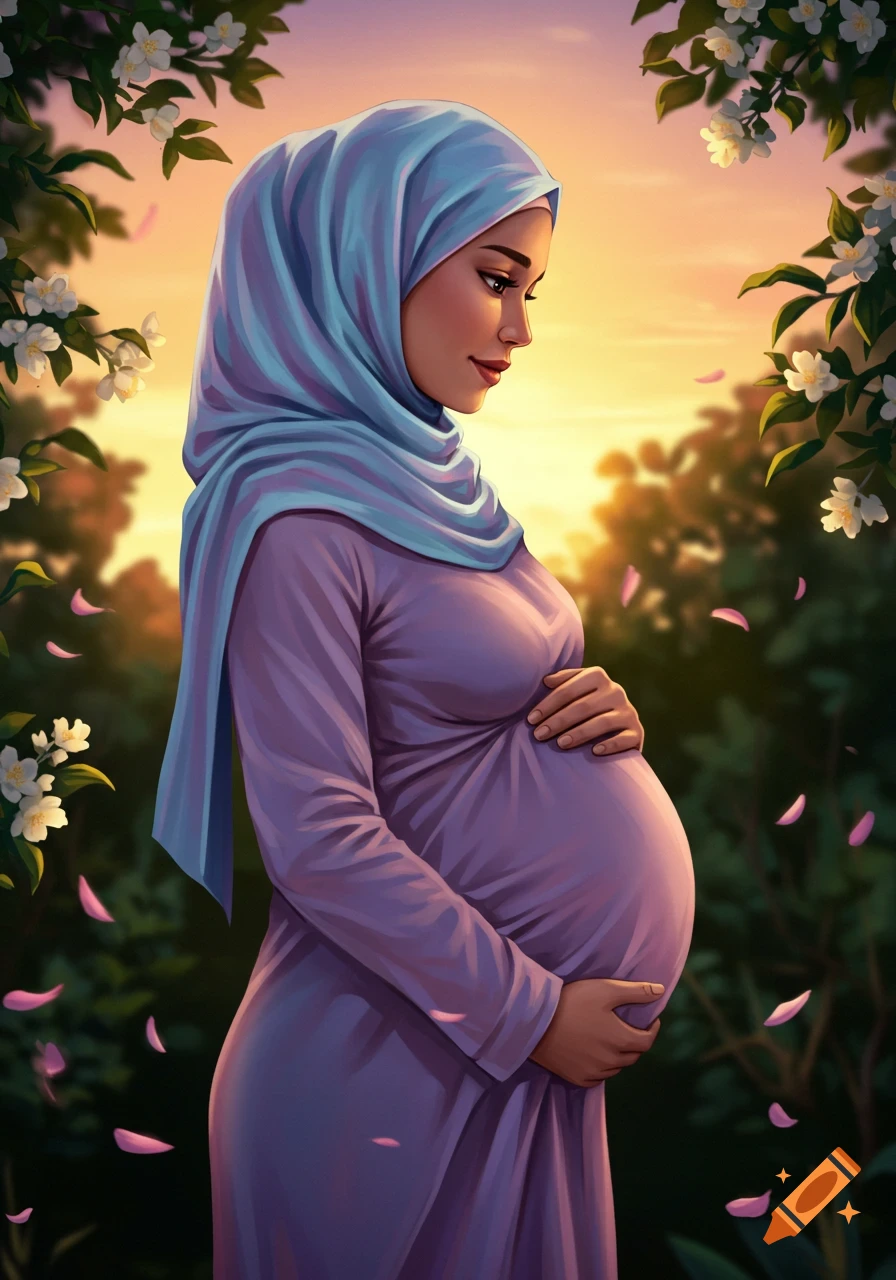 A serene pregnant woman in a light blue hijab and purple dress cradles her belly amidst white flowers and a warm sunset, in a digital art style.