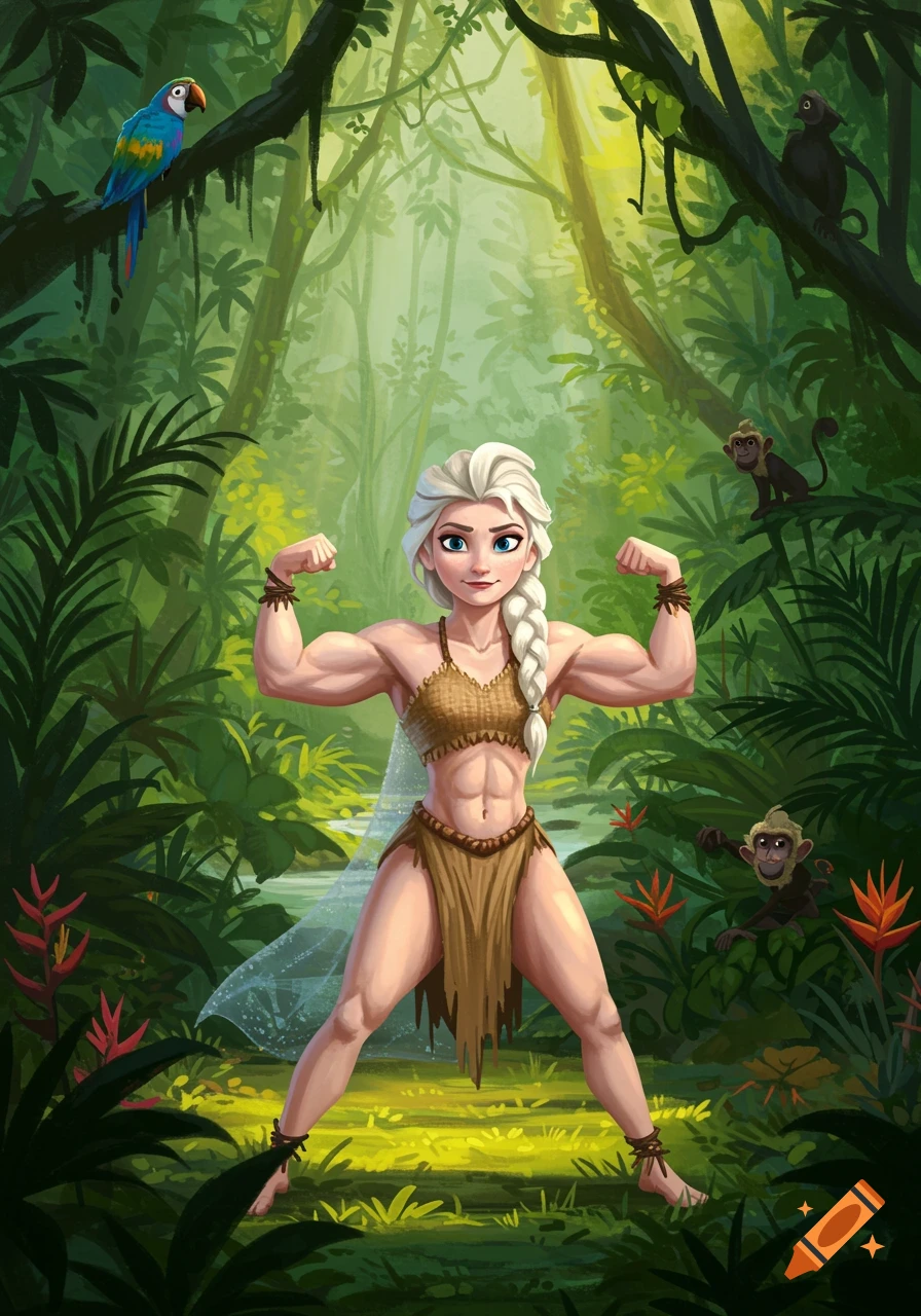 Cartoon Elsa, muscular and wearing a loincloth, flexes in a vibrant jungle with a parrot and monkeys.