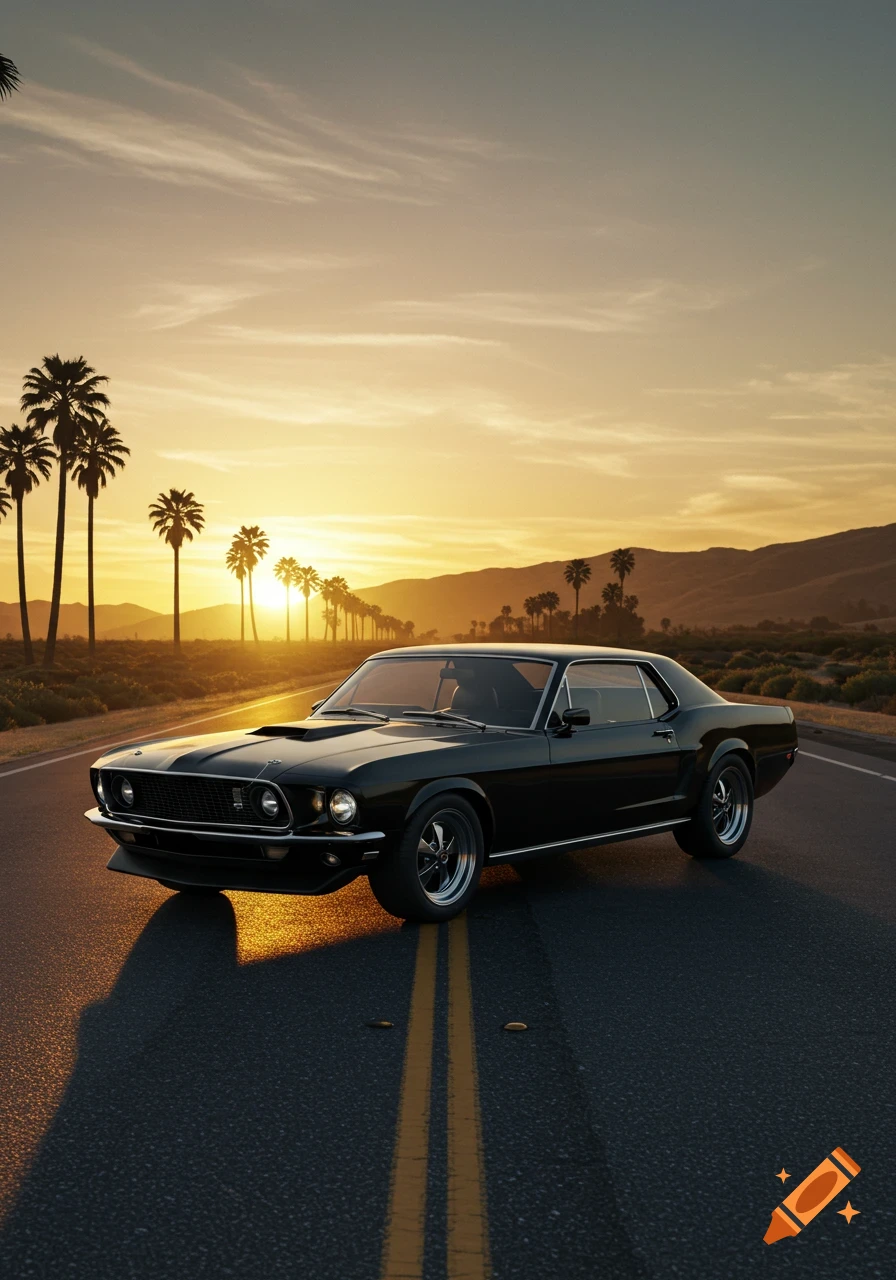 A black 1969 Ford Mustang sits on a desert road at sunset, with palm trees and mountains in the background.