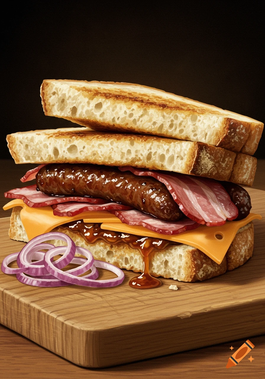 A large, layered sandwich with a sausage, bacon, cheese, and dark sauce, served with red onion rings on a wooden board.