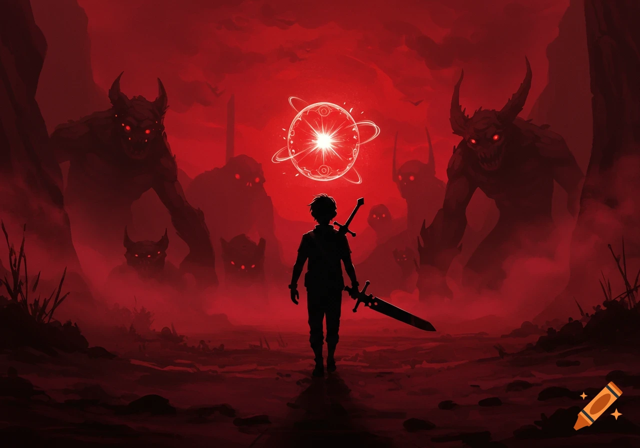 A silhouetted figure with a sword on their back stands in a red, misty landscape, facing shadowy horned monsters with glowing red eyes, with a glowing orb floating above.