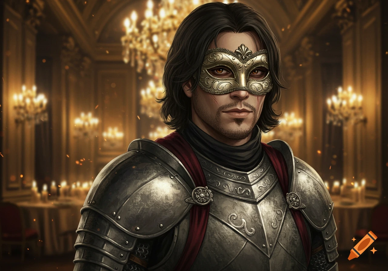 A man in ornate silver armor and a gold masquerade mask stands in a dimly lit ballroom with chandeliers.