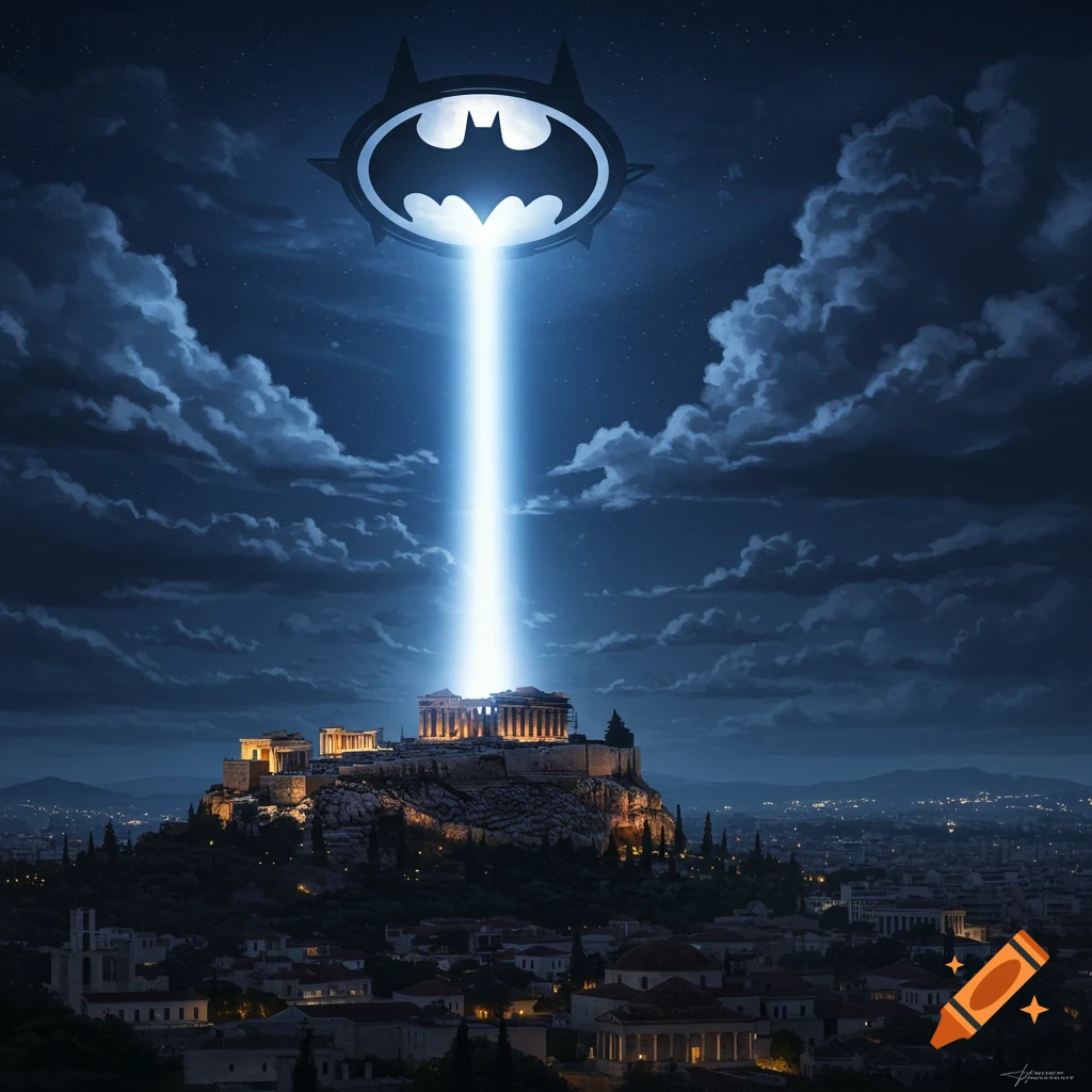 A giant, glowing Batman symbol projects from a disc-shaped craft in the night sky, illuminating the ancient Acropolis in Athens below.