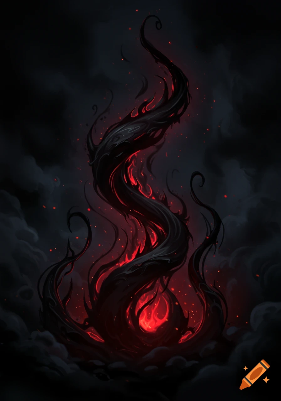 A dark, twisted, flame-like structure with glowing red embers and tendrils rising through smoke on a black background.