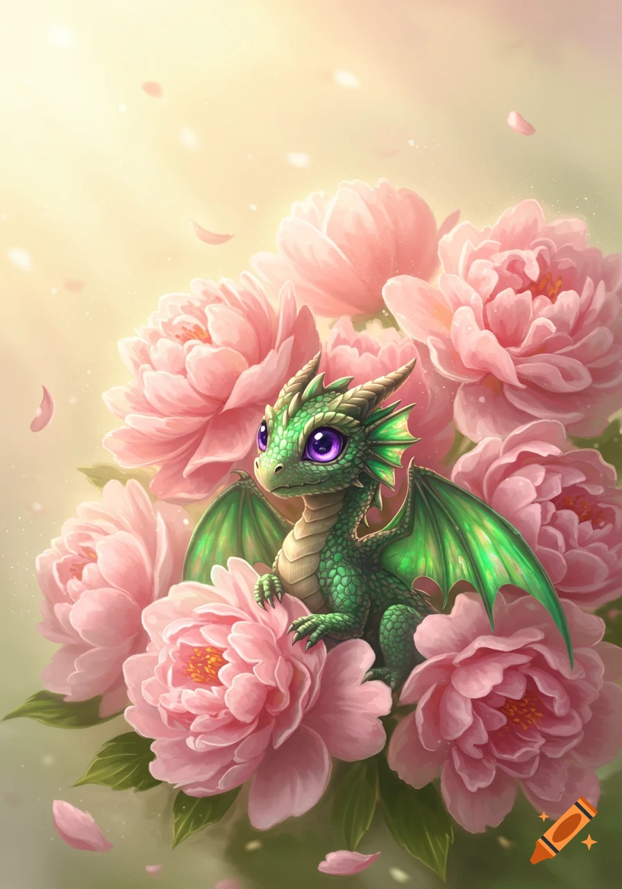 A cute green baby dragon with large purple eyes nestled among large pink peony flowers, with petals falling around it.