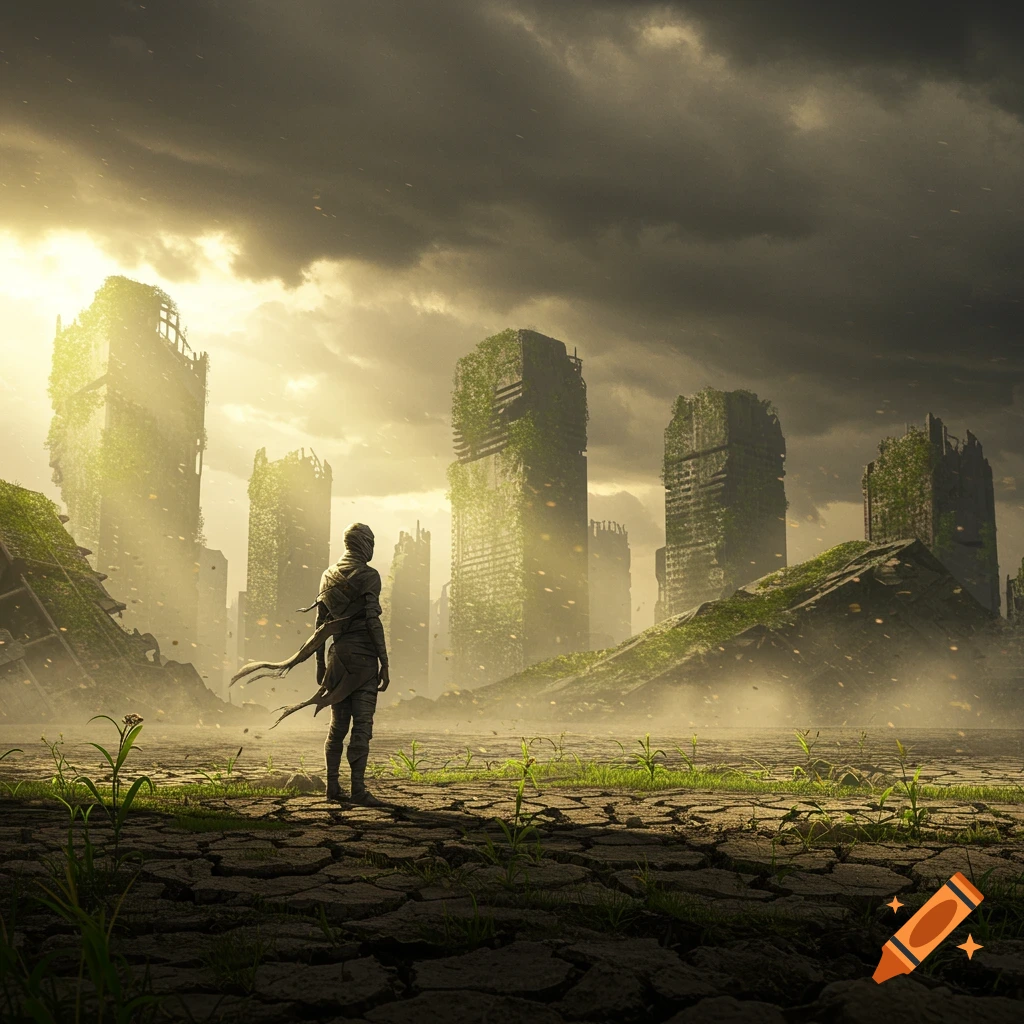 A lone figure stands on cracked earth amidst a ruined, overgrown city under a dramatic, cloudy sky, post-apocalyptic.