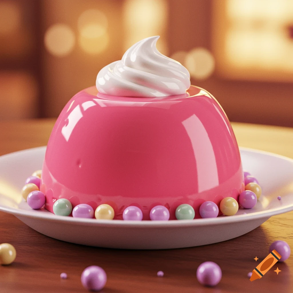 A bright pink domed pudding topped with white whipped cream and surrounded by colorful candy pearls on a white plate.