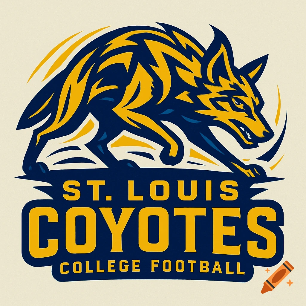 A stylized blue and yellow logo featuring a coyote, with text 'ST. LOUIS COYOTES COLLEGE FOOTBALL'.