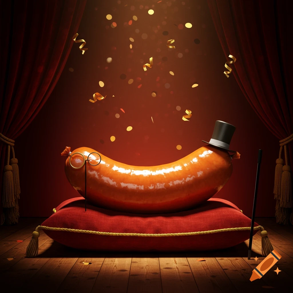 A whimsical sausage wearing a top hat and monocle sits on a red velvet pillow on a stage, with confetti falling around it.