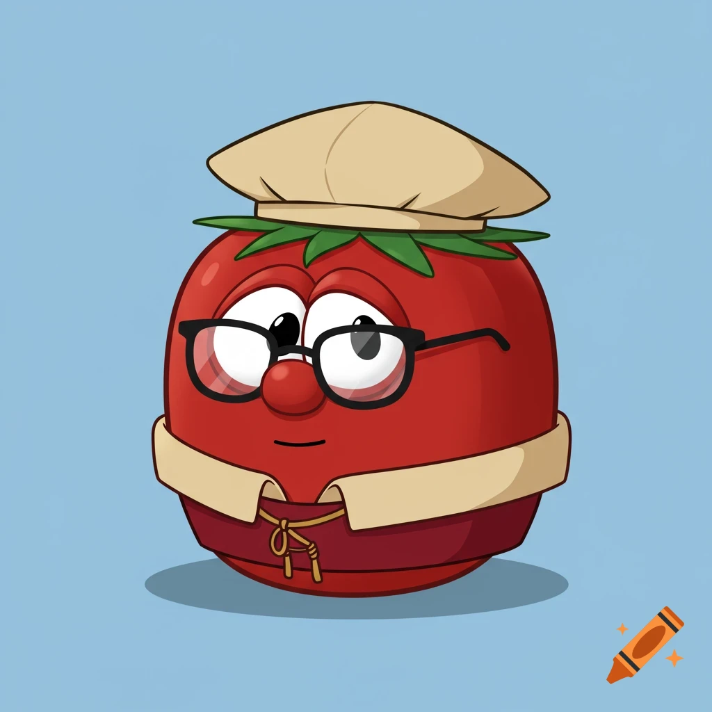 A cartoon tomato character, wearing glasses and a tan beret, dressed in a red robe with a beige collar, against a light blue background.