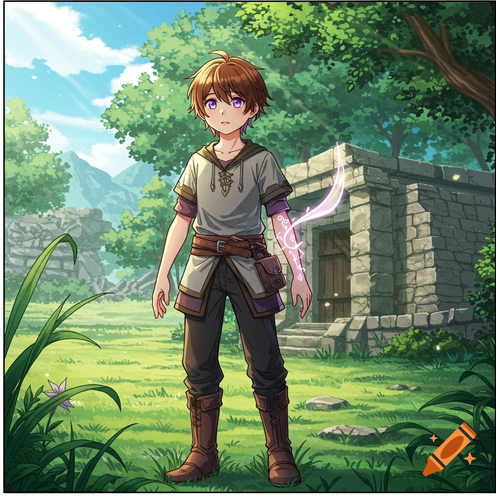 A manga-style illustration of a young boy with brown hair and purple eyes, wearing a tunic and boots, standing in a sunny fantasy forest with glowing marks on his arm.