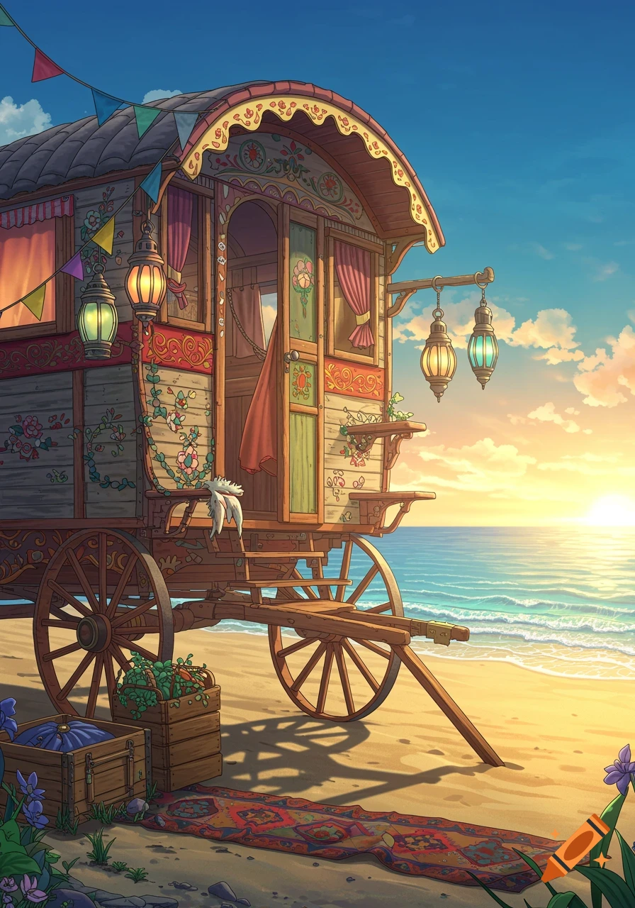 An intricately decorated anime-style caravan sits on a sandy beach at sunset, with the ocean stretching to the horizon.