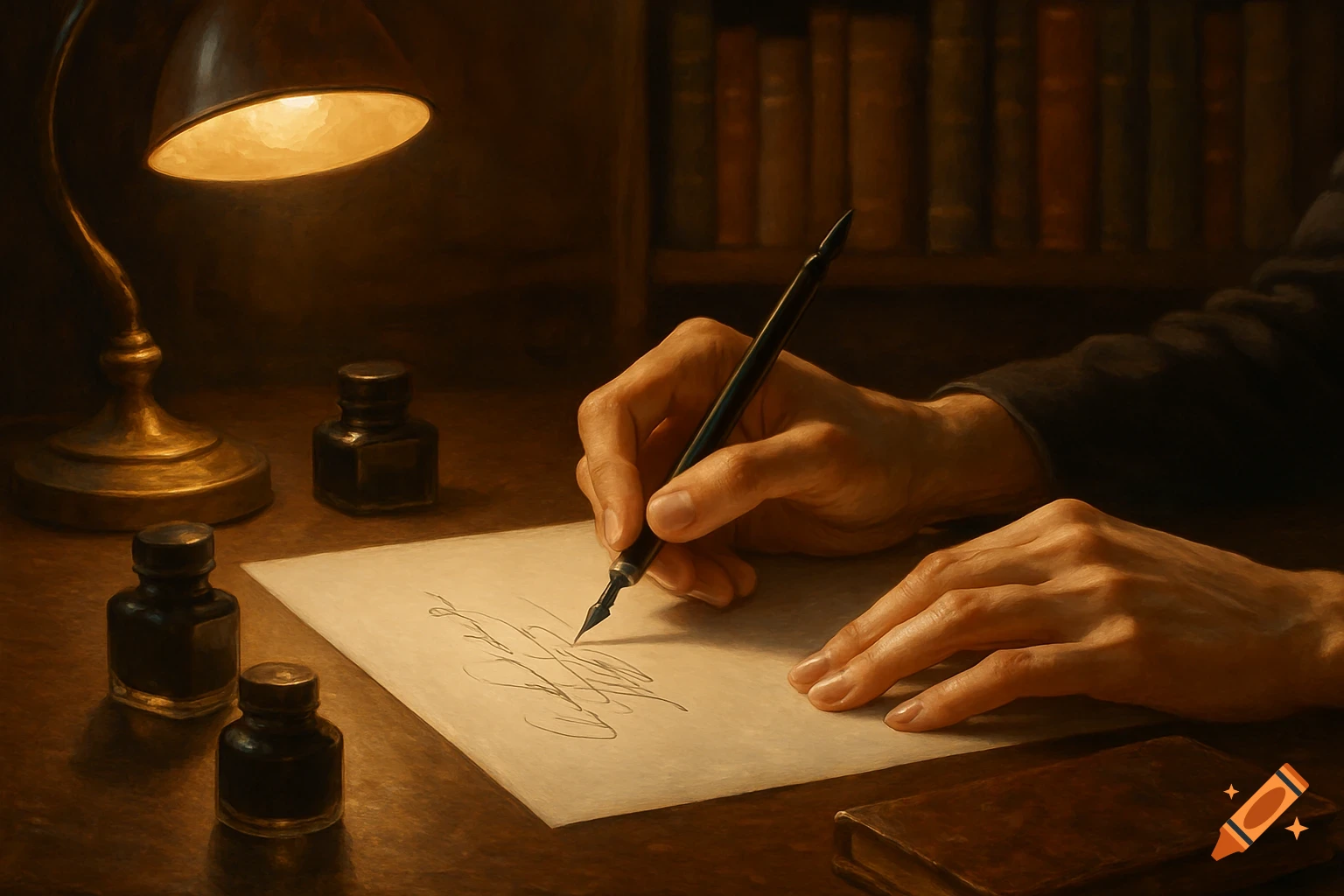 A close-up of hands writing on paper with an antique pen, illuminated by a warm desk lamp, with ink bottles and books in the background.