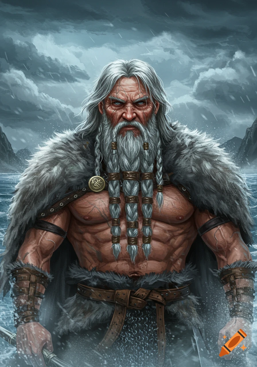 A stern, muscular old man with a long white beard and braided hair, wearing fur and leather armor, stands in stormy waters. Fantasy art style.