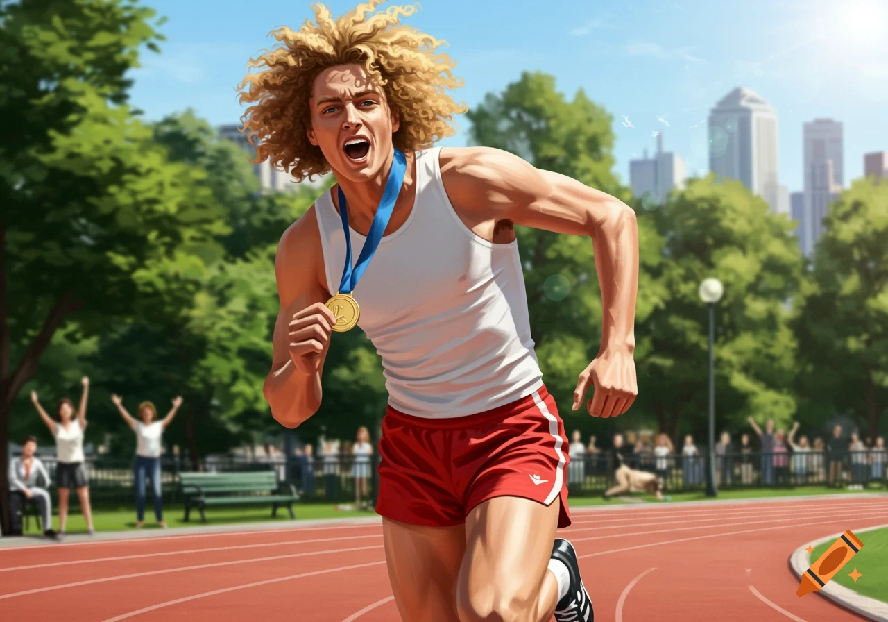 A male athlete with curly blonde hair runs on a red track, wearing a white vest and red shorts with a medal around his neck, cheering.