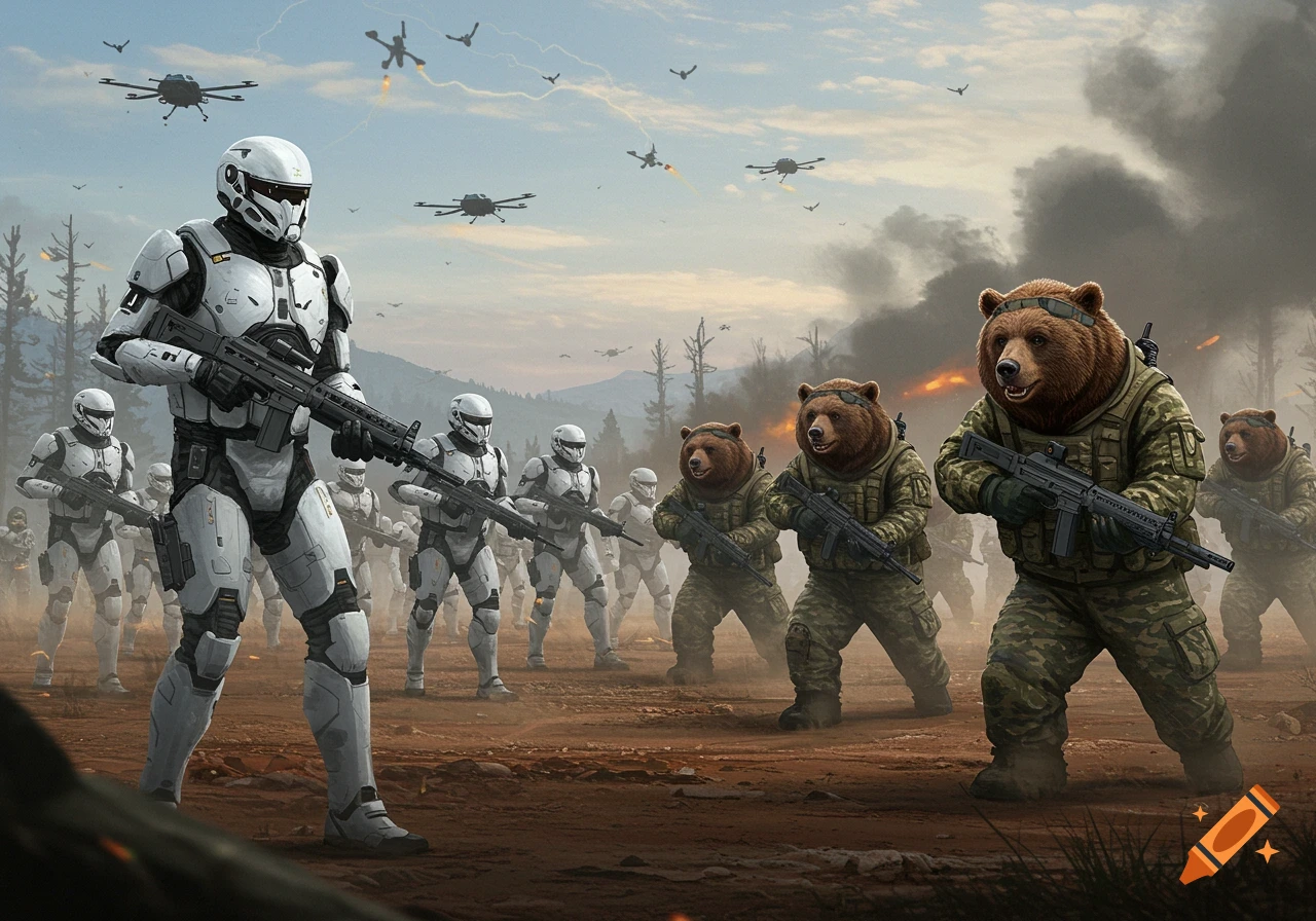 Futuristic white-armored soldiers confront anthropomorphic bears in military uniforms on a smoky battlefield with drones in the sky.