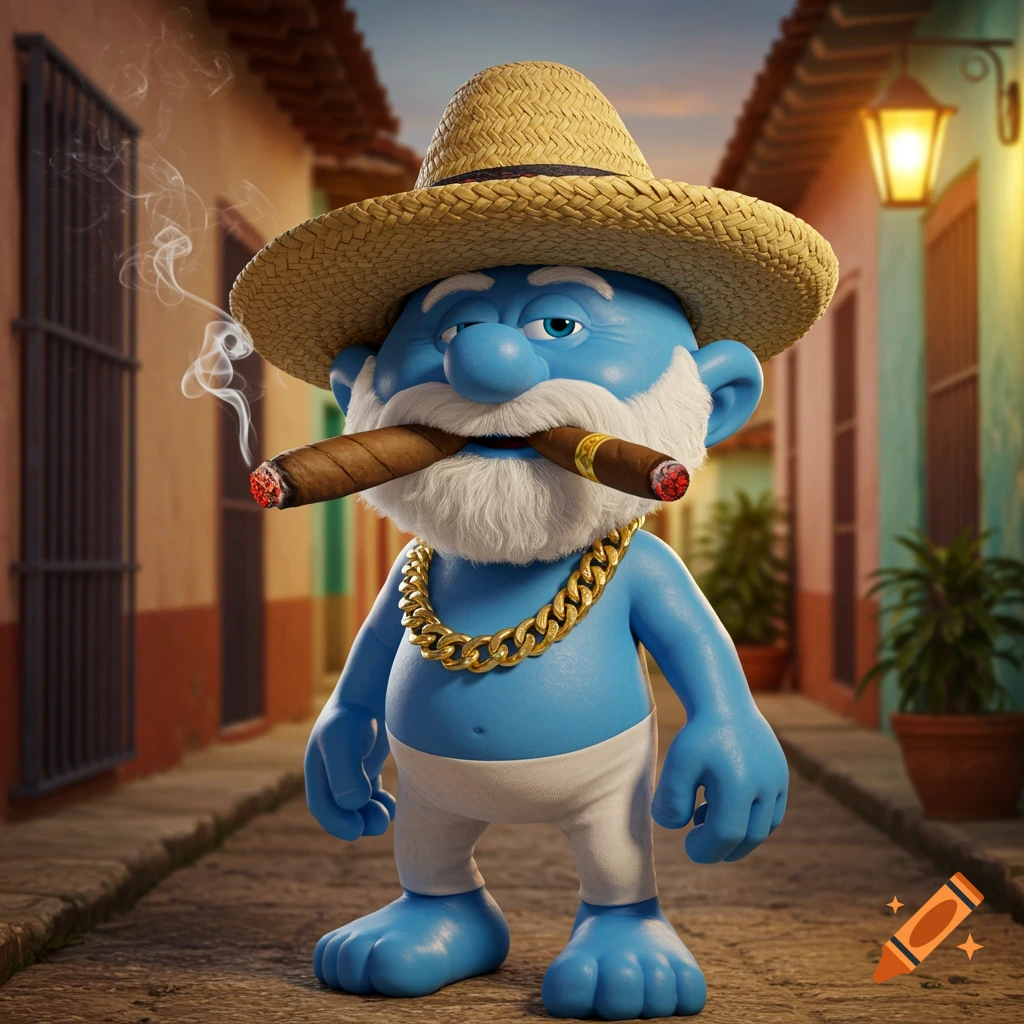 A photorealistic 3D rendering of a blue Smurf-like character with a white beard, wearing a straw hat and gold chain, smoking two cigars on a cobblestone street in a colorful village.