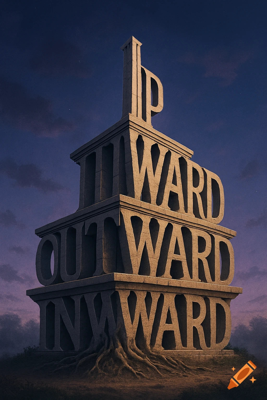 A building-like structure formed by large stone words "UPWARD," "OUTWARD," and "INWARD," standing on roots against a twilight sky.