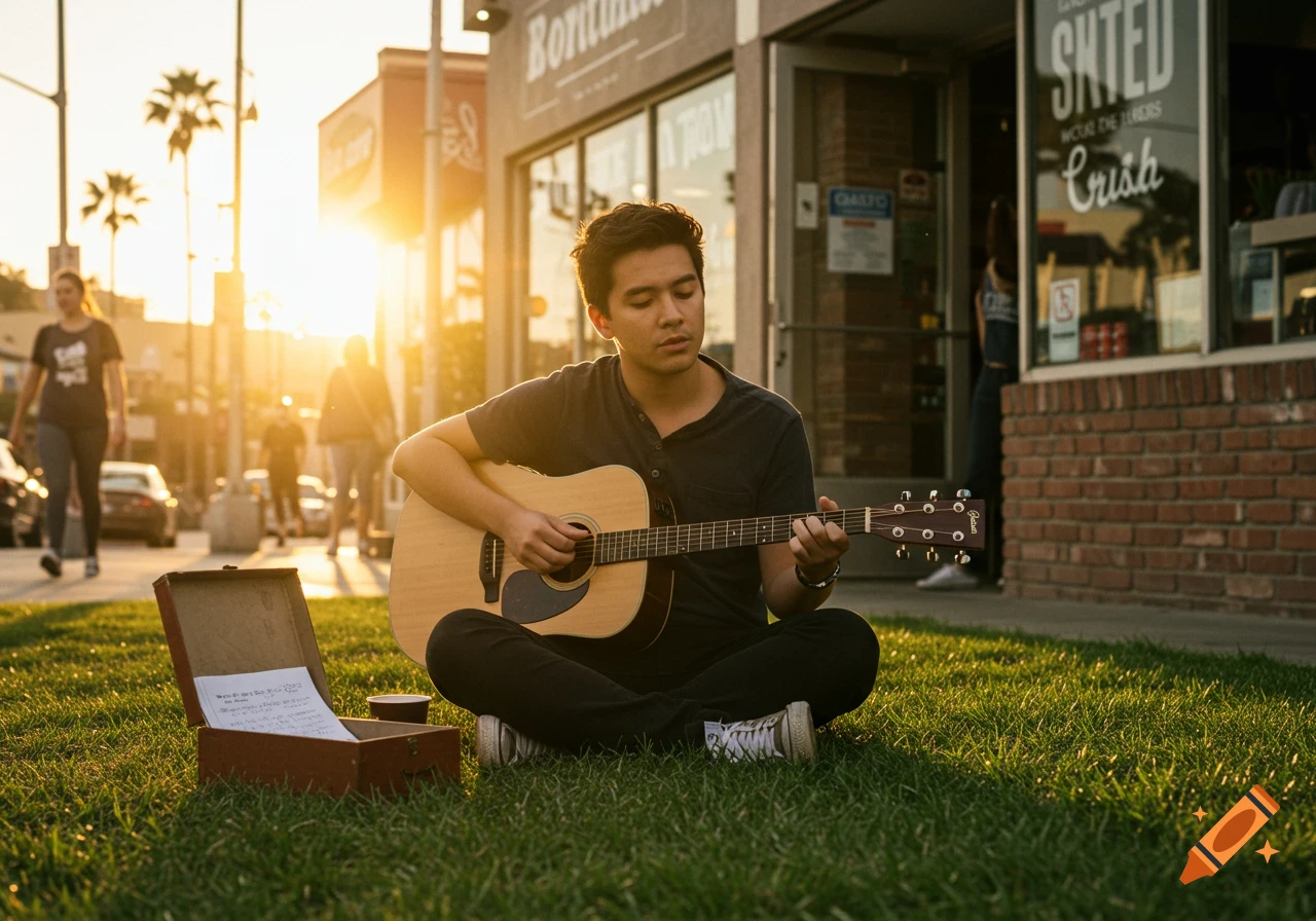 A young man with an acoustic guitar sits cross-legged on a patch of grass in front of a building at sunset, with pedestrians and cars in the background.