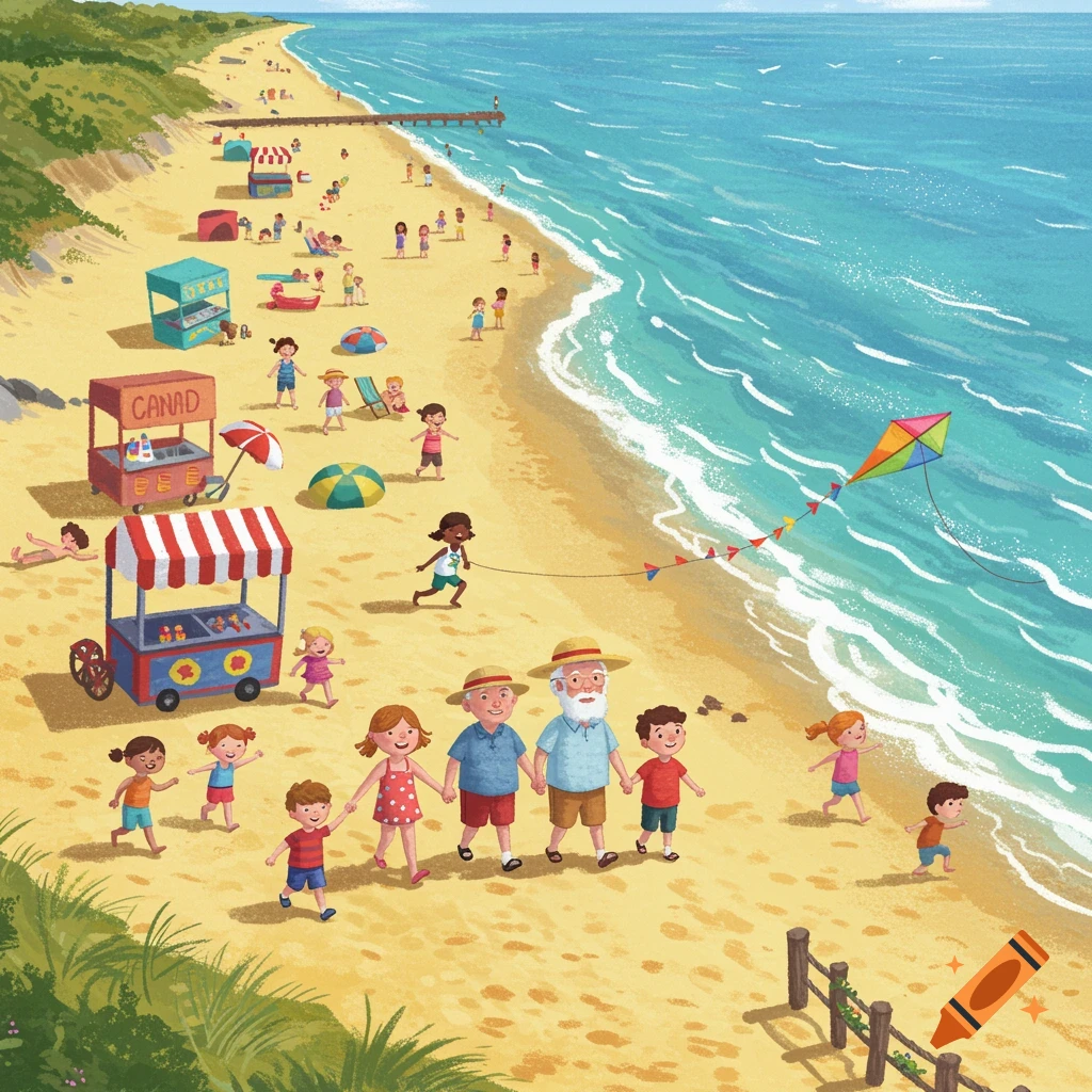 A cheerful illustration of a vibrant beach scene with many people, children playing, food stalls, and a colorful kite flying over the ocean.