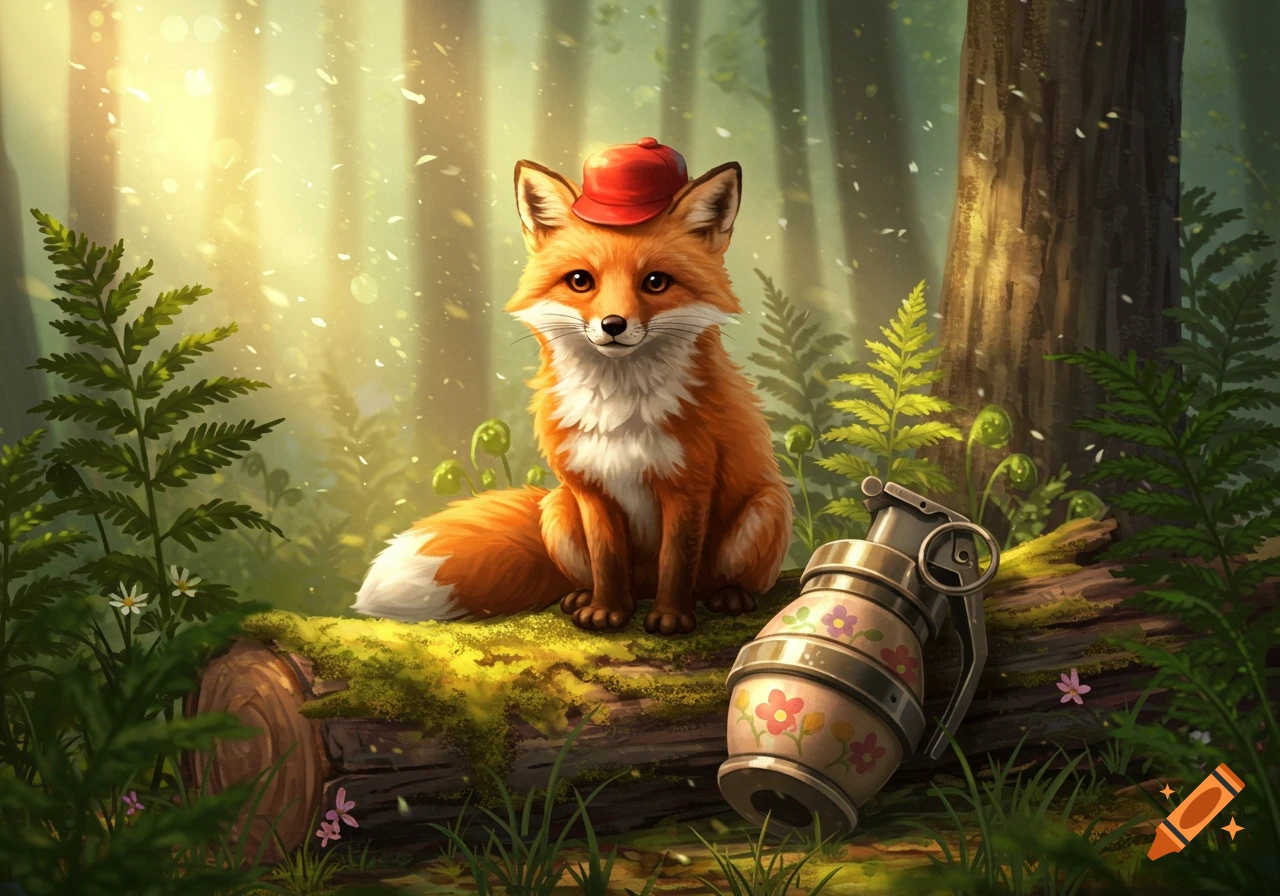 A cute orange fox wearing a red hat sits on a mossy log next to a stylized, flower-decorated grenade in a sunny forest.