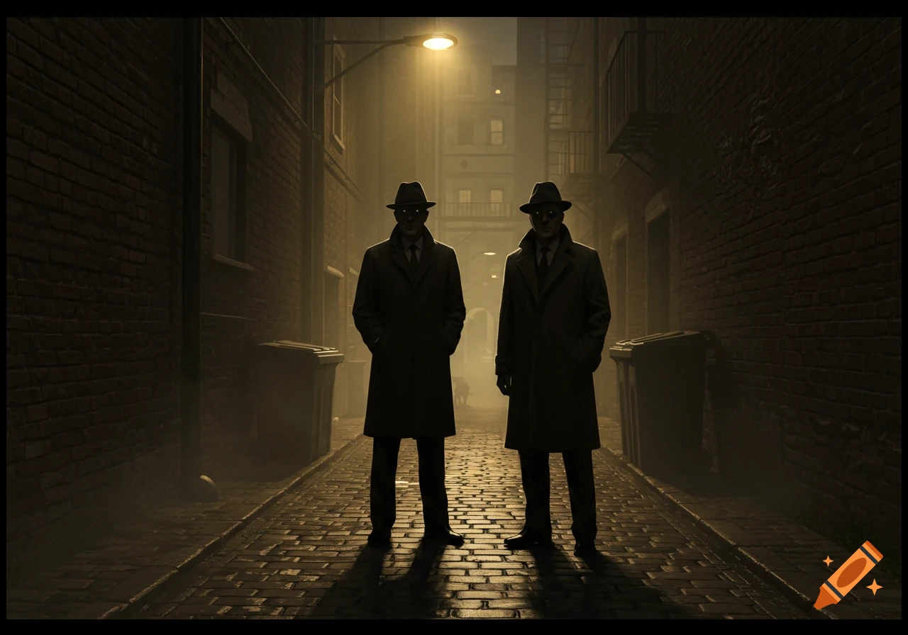 Two mysterious men in trench coats and hats stand in a dark, foggy urban alley illuminated by a street light.