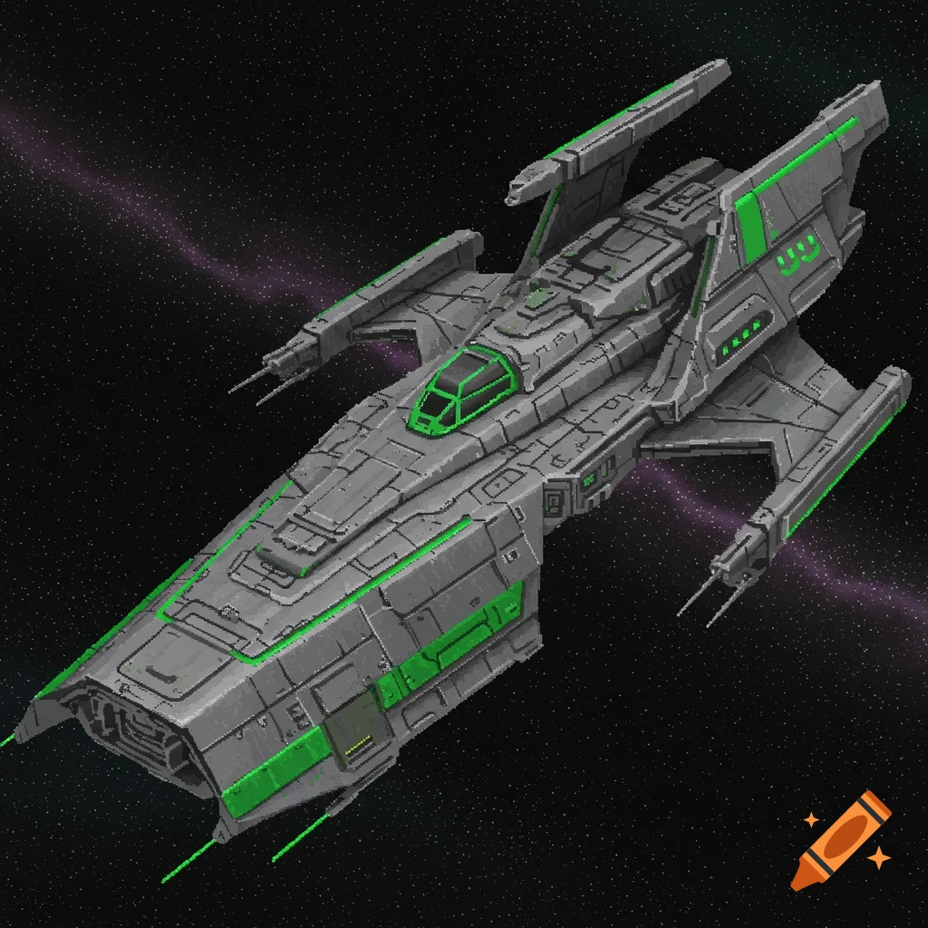 Pixel art gray spaceship with green stripes in space.